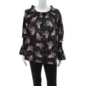 Adam Lippes Women Black Floral Tunic Blouse Long Sleeve Size M